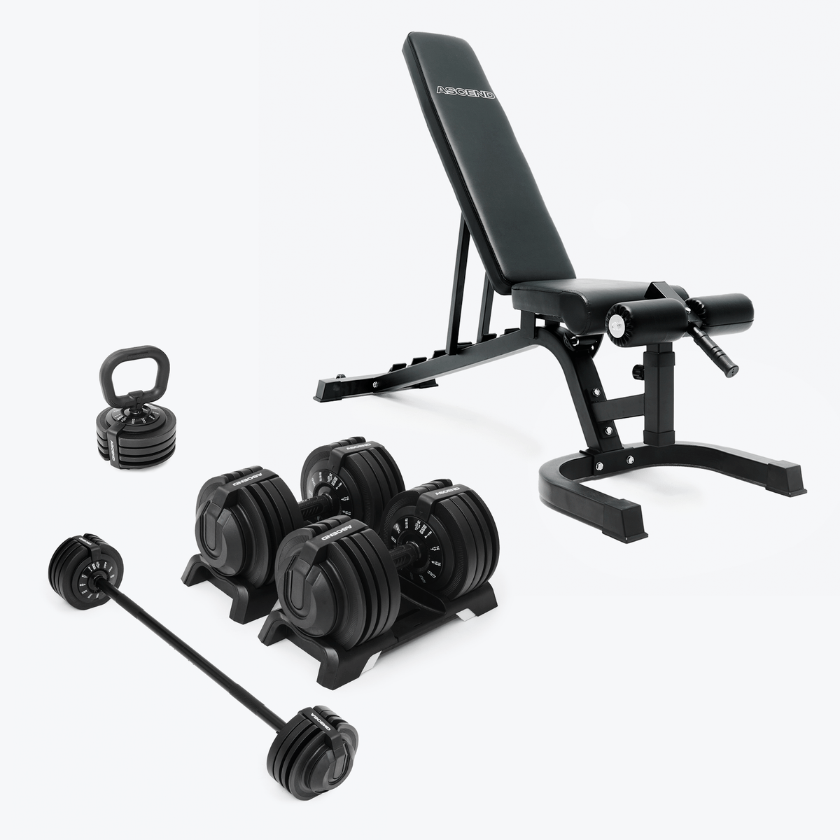 Ensembles : Haltères ajustables Ascend 3-en-1 (7 à 52,5 lb) et banc