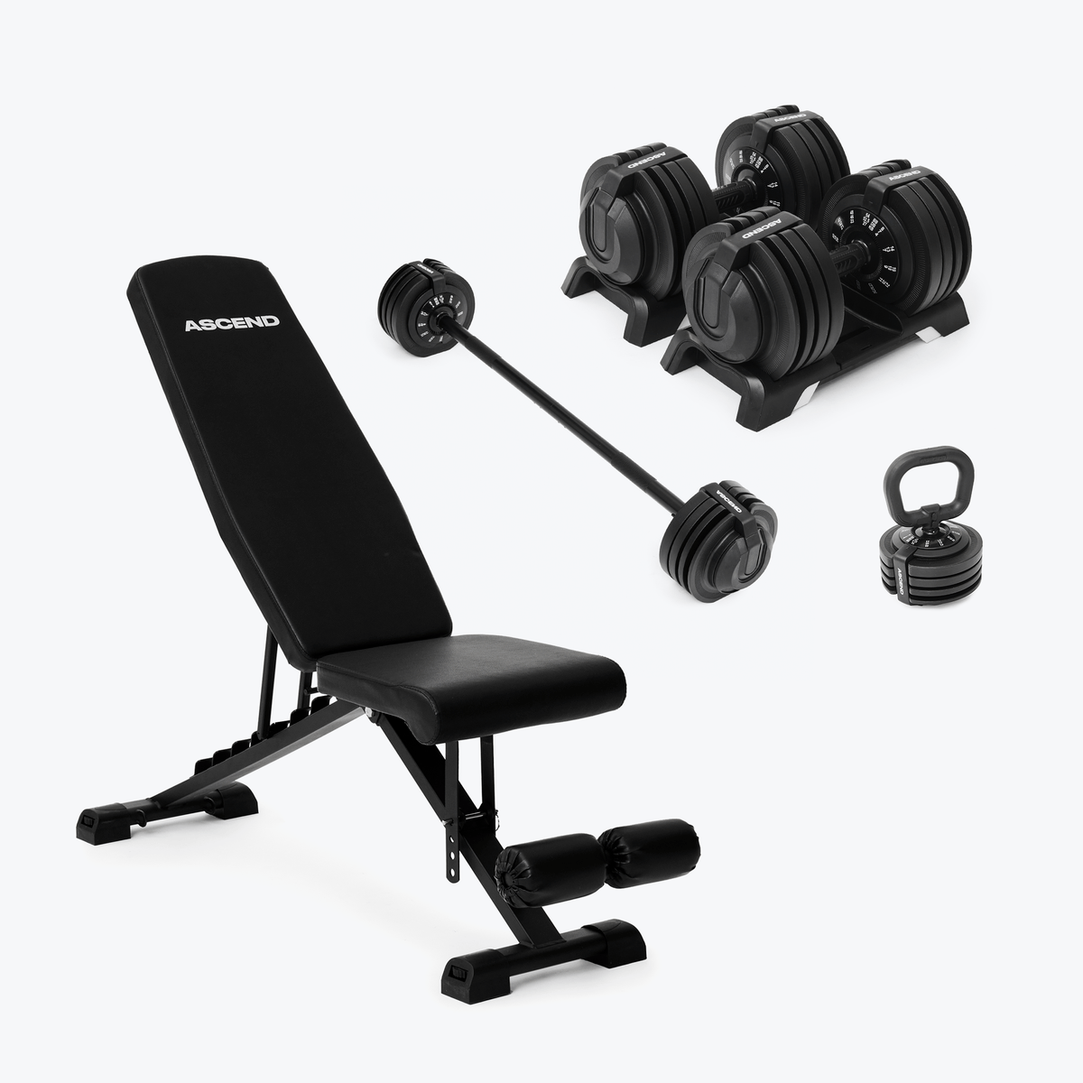 Ensembles : Haltères ajustables Ascend 3-en-1 (7 à 52,5 lb) et banc