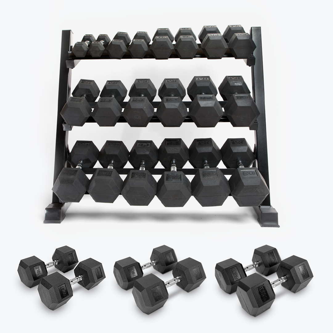 Hex Dumbbell Sets With Rack: 5-25, 5-50 & 5-80 lb