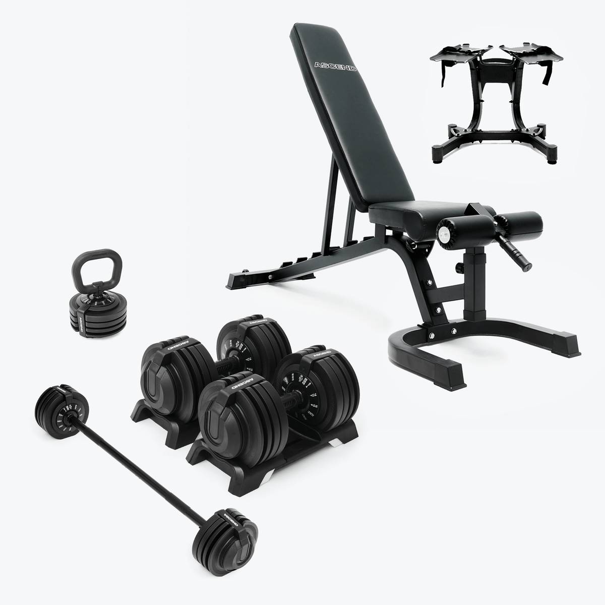 Ensembles : Haltères ajustables Ascend 3-en-1 (7 à 52,5 lb) et banc