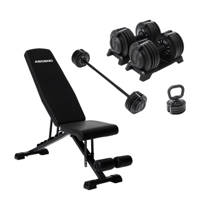Ensembles : Haltères ajustables Ascend 3-en-1 (7 à 52,5 lb) et banc