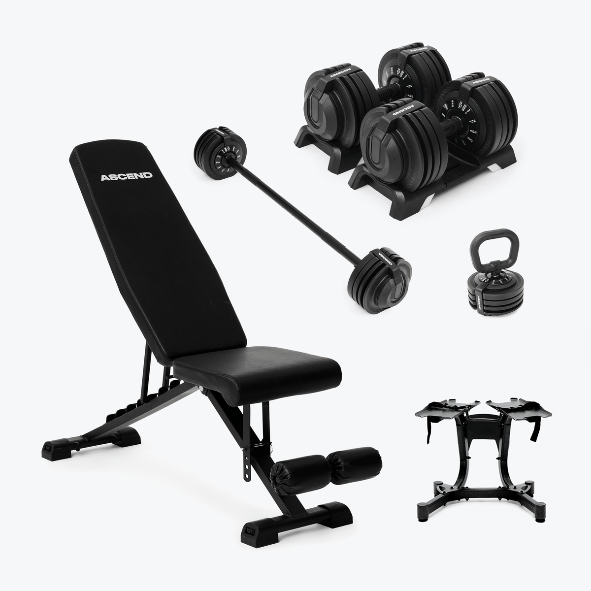 Ensembles : Haltères ajustables Ascend 3-en-1 (7 à 52,5 lb) et banc
