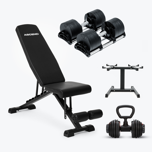 Bundle: Nuo Style Dumbbells (5 - 70 lb or 7.5-90 lb) & Bench