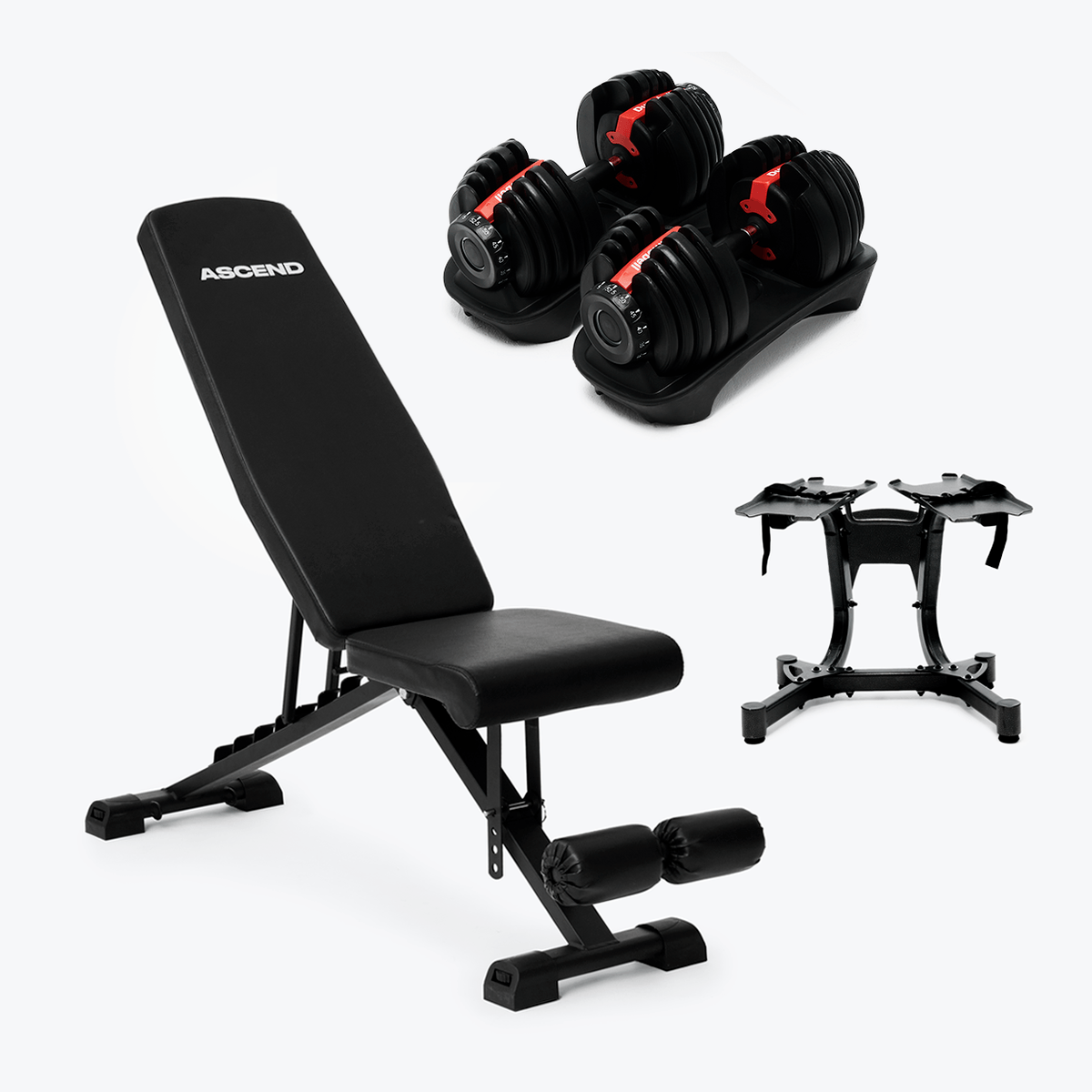 Banc de musculation ajustable, haltères et support sur fond blanc.