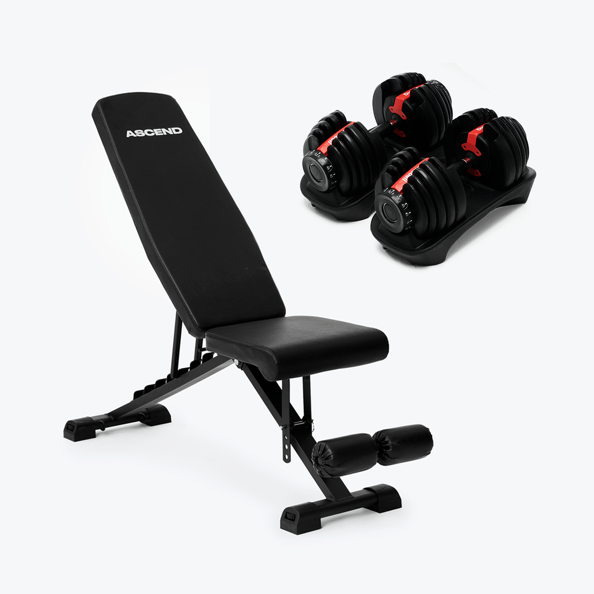 Banc de musculation ajustable et deux haltères ajustables sur fond blanc.