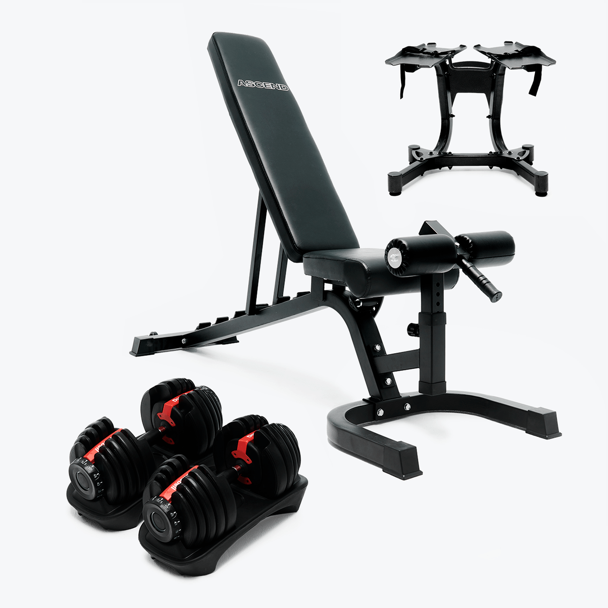 Banc de musculation ajustable avec haltères et support sur fond blanc.